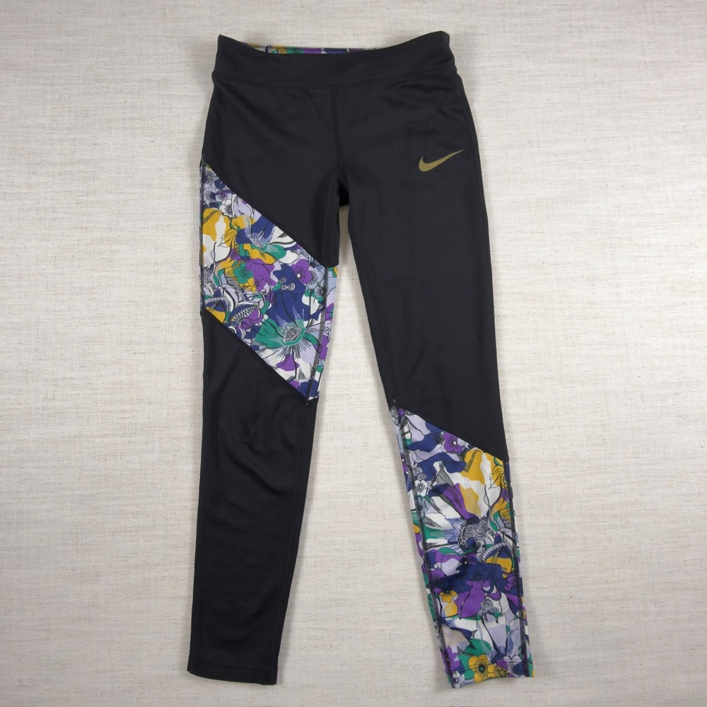 Nike Dri-FIT Womens Floral Colorblock Leggings Black Purple Gold Swoosh Large
